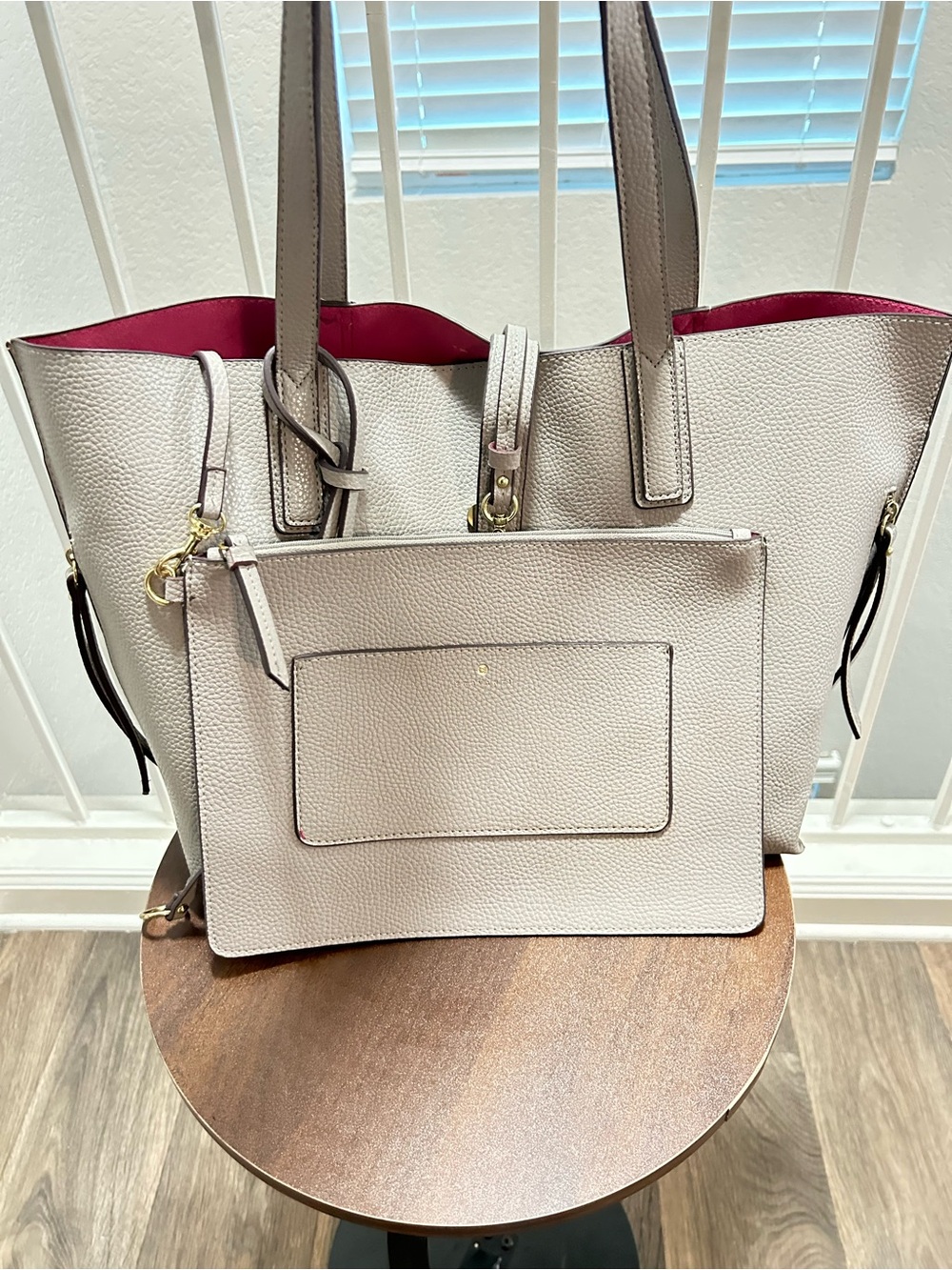 Women's Pebbled Tote with Removable Pouch - Light Beige with Pink Interior